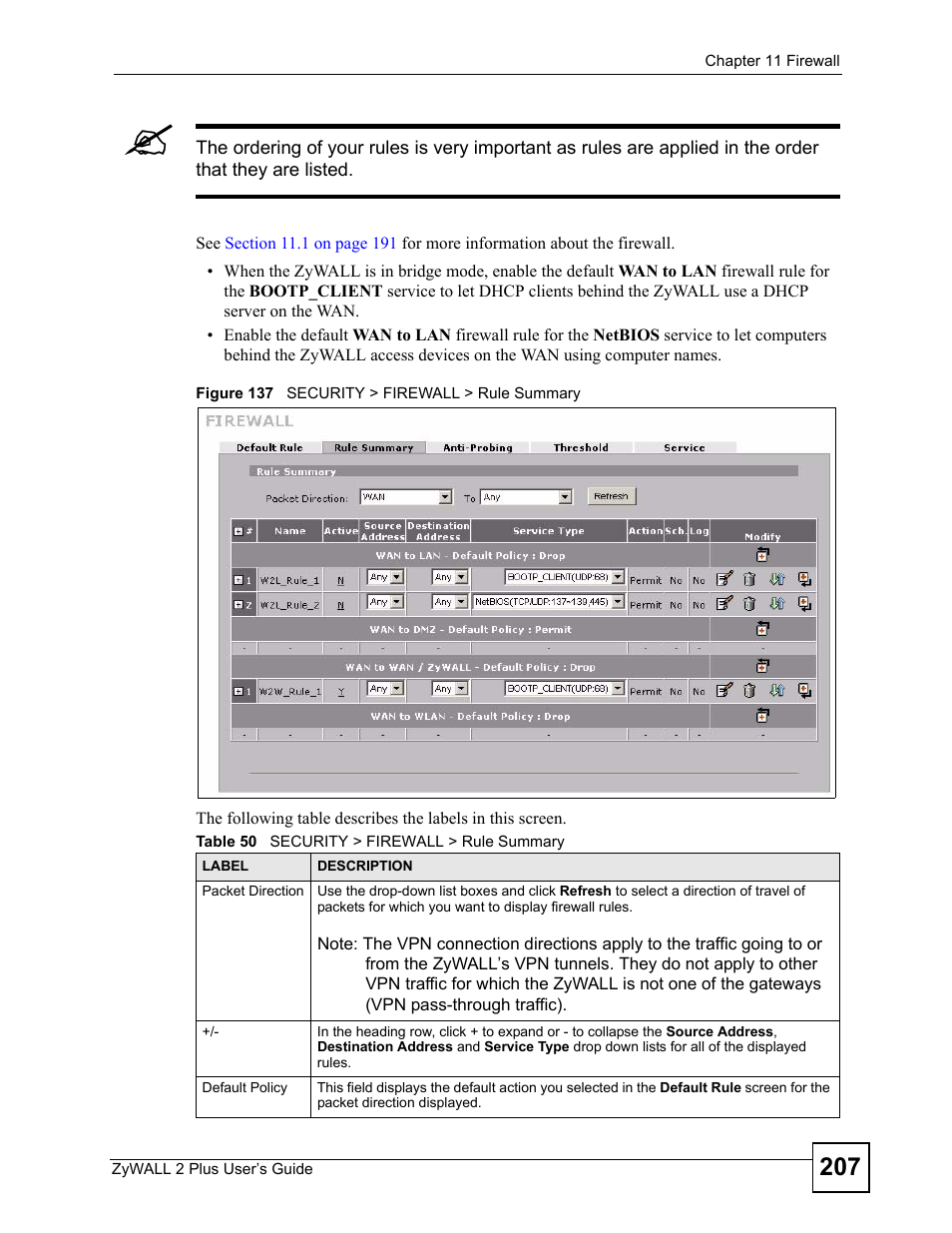 Figure 137 security > firewall > rule summary, Table 50 security > firewall > rule summary | ZyXEL Communications ZyWALL 2 Plus User Manual | Page 207 / 686