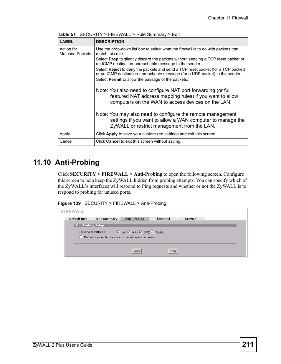 10 anti-probing, Figure 139 security > firewall > anti-probing | ZyXEL Communications ZyWALL 2 Plus User Manual | Page 211 / 686