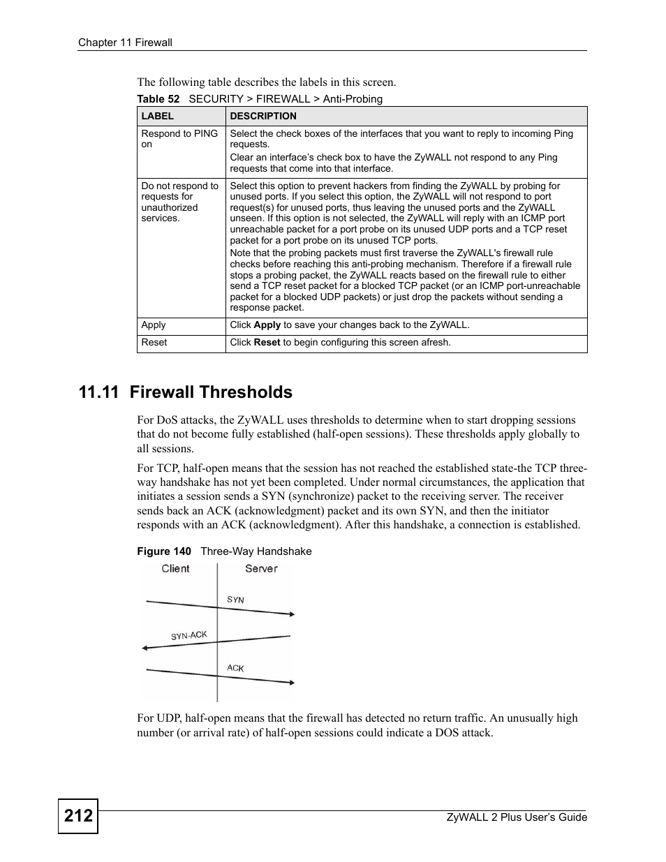 11 firewall thresholds, Figure 140 three-way handshake, Table 52 security > firewall > anti-probing | ZyXEL Communications ZyWALL 2 Plus User Manual | Page 212 / 686