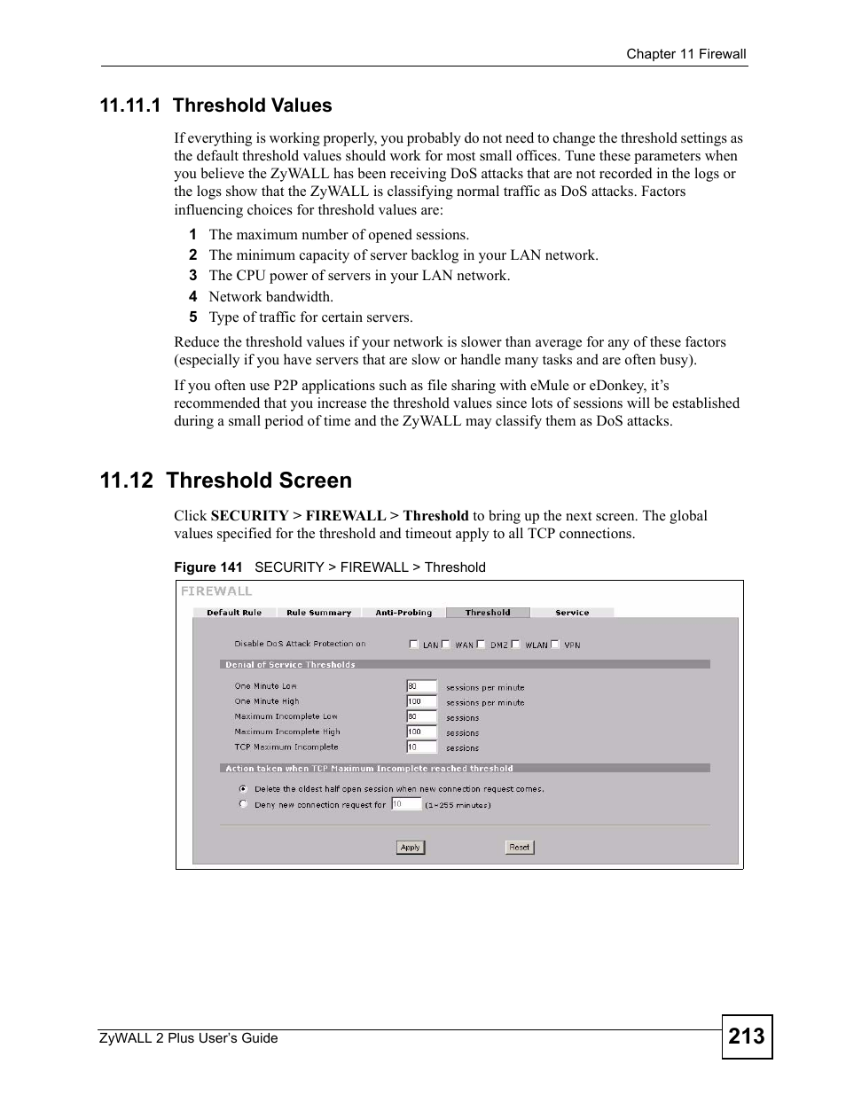 1 threshold values, 12 threshold screen, Figure 141 security > firewall > threshold | ZyXEL Communications ZyWALL 2 Plus User Manual | Page 213 / 686