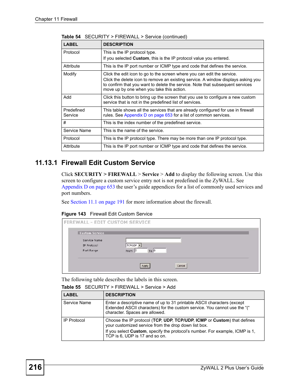 1 firewall edit custom service, Figure 143 firewall edit custom service, Table 55 security > firewall > service > add | ZyXEL Communications ZyWALL 2 Plus User Manual | Page 216 / 686