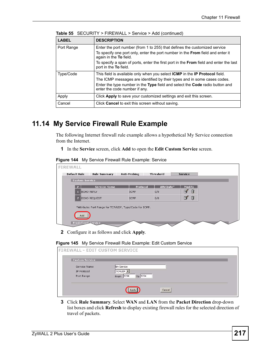 14 my service firewall rule example | ZyXEL Communications ZyWALL 2 Plus User Manual | Page 217 / 686