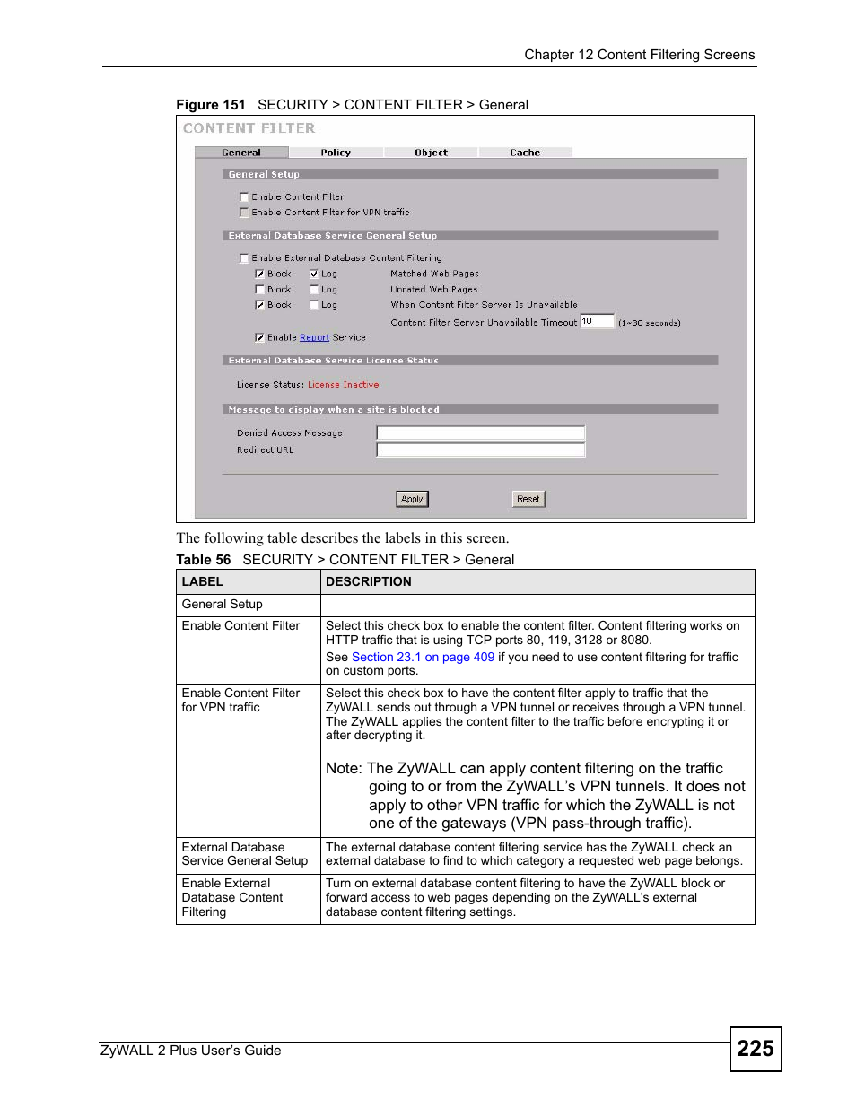 Figure 151 security > content filter > general, Table 56 security > content filter > general | ZyXEL Communications ZyWALL 2 Plus User Manual | Page 225 / 686