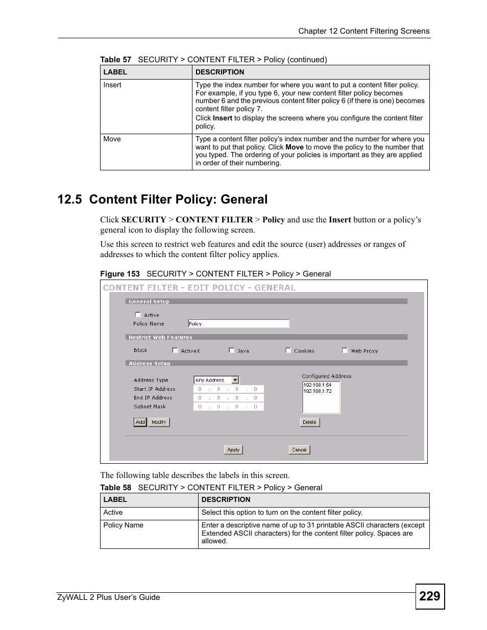 5 content filter policy: general | ZyXEL Communications ZyWALL 2 Plus User Manual | Page 229 / 686