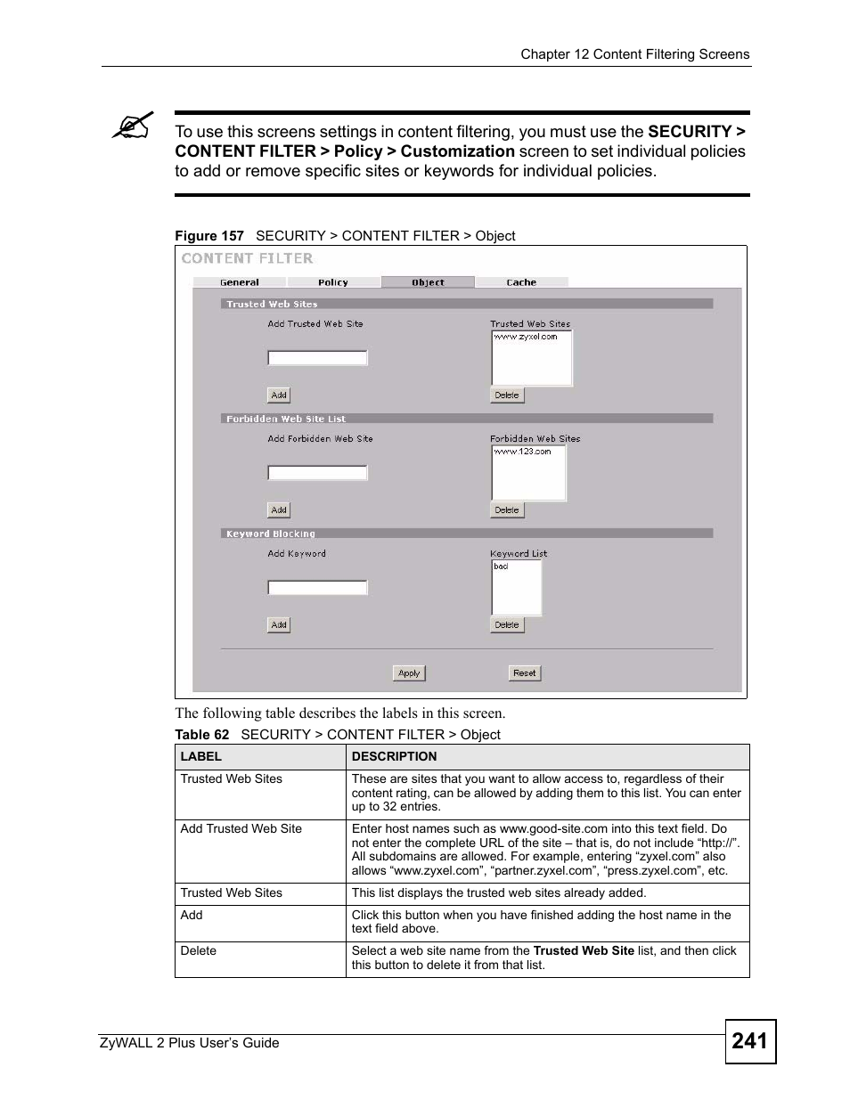 Figure 157 security > content filter > object, Table 62 security > content filter > object | ZyXEL Communications ZyWALL 2 Plus User Manual | Page 241 / 686