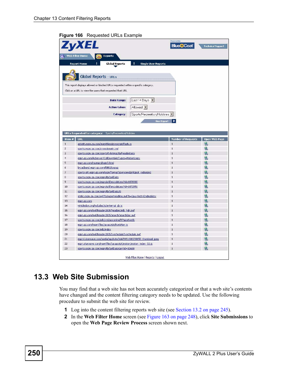 3 web site submission, Figure 166 requested urls example, Category needs to be updated. see | ZyXEL Communications ZyWALL 2 Plus User Manual | Page 250 / 686