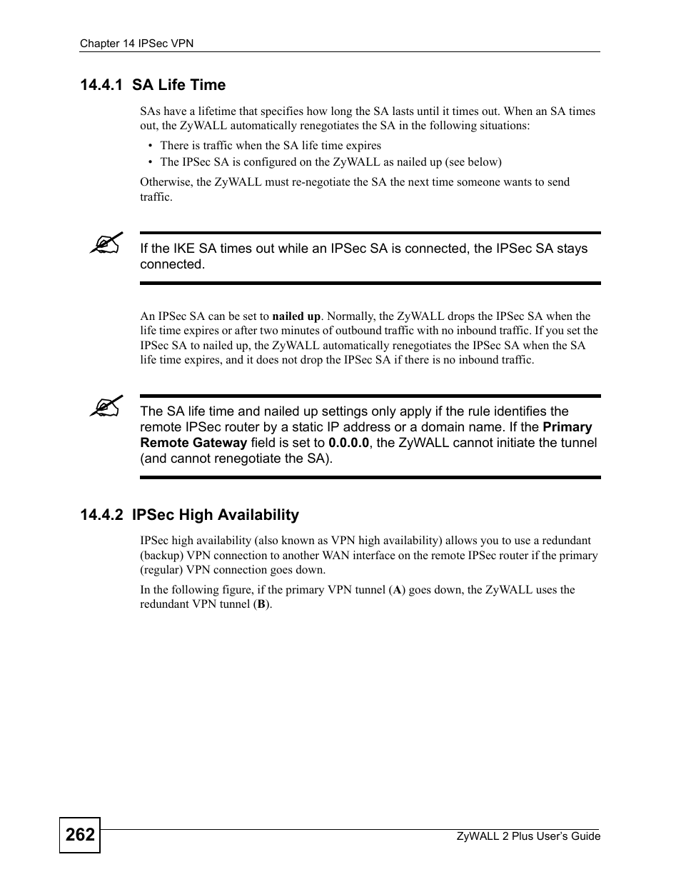 1 sa life time, 2 ipsec high availability, 1 sa life time 14.4.2 ipsec high availability | ZyXEL Communications ZyWALL 2 Plus User Manual | Page 262 / 686