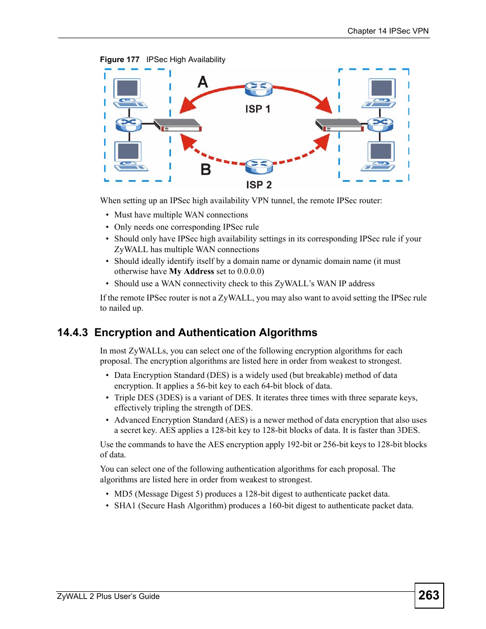 3 encryption and authentication algorithms, Figure 177 ipsec high availability | ZyXEL Communications ZyWALL 2 Plus User Manual | Page 263 / 686