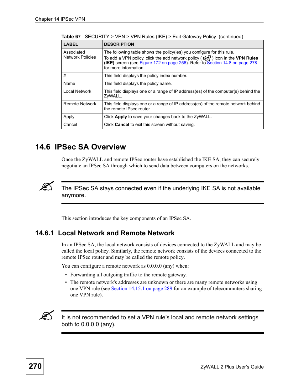 6 ipsec sa overview, 1 local network and remote network | ZyXEL Communications ZyWALL 2 Plus User Manual | Page 270 / 686
