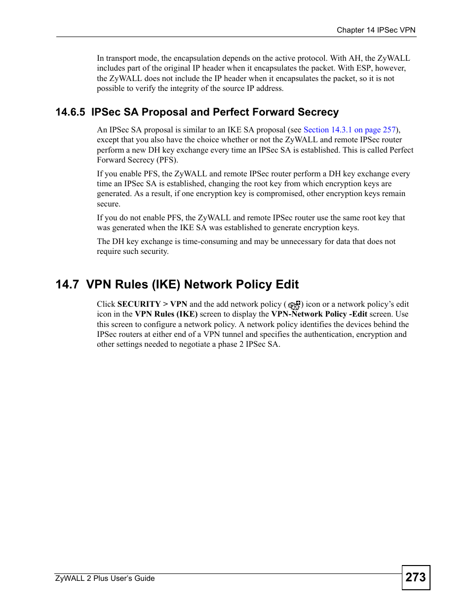 5 ipsec sa proposal and perfect forward secrecy, 7 vpn rules (ike) network policy edit | ZyXEL Communications ZyWALL 2 Plus User Manual | Page 273 / 686