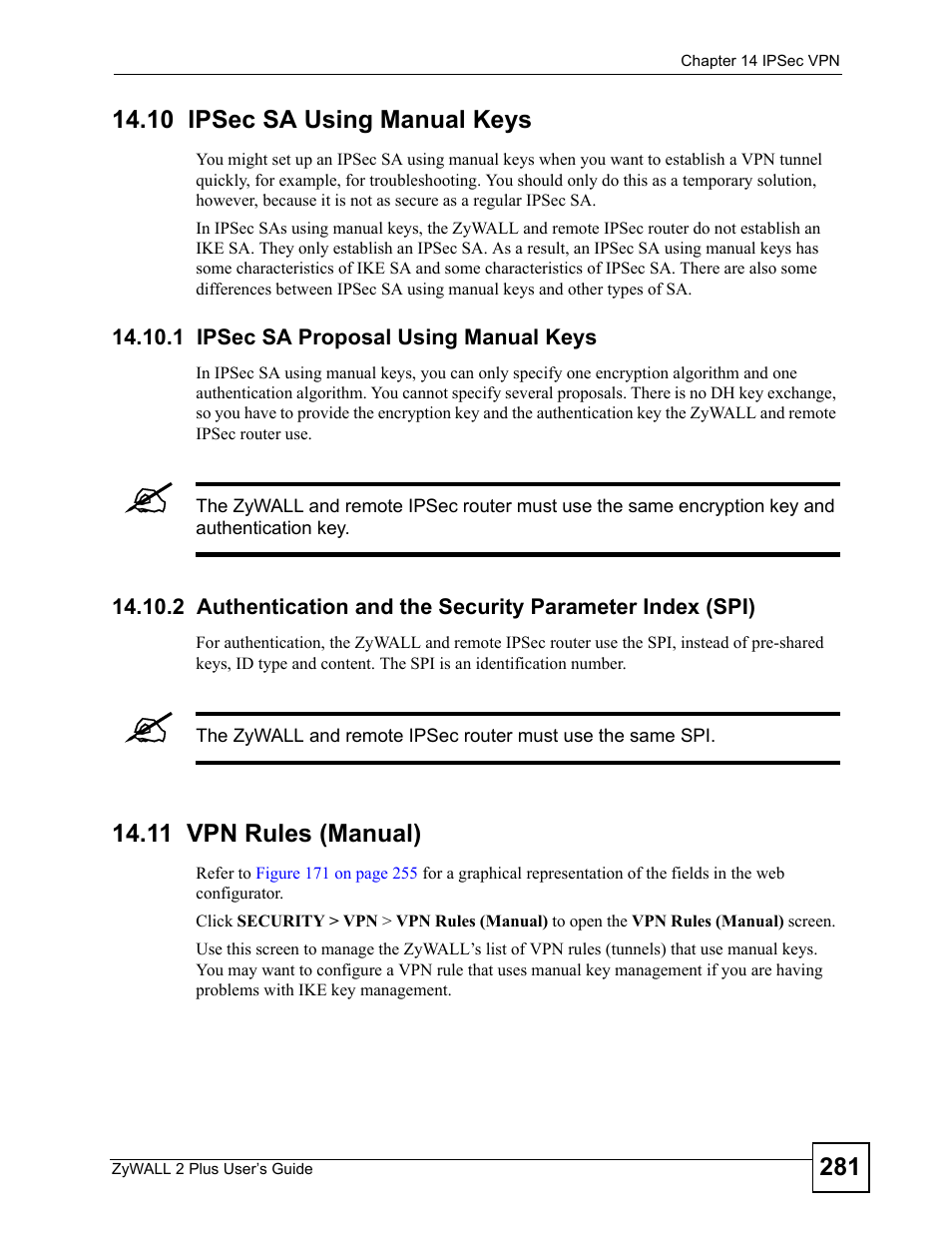 10 ipsec sa using manual keys, 1 ipsec sa proposal using manual keys, 11 vpn rules (manual) | ZyXEL Communications ZyWALL 2 Plus User Manual | Page 281 / 686