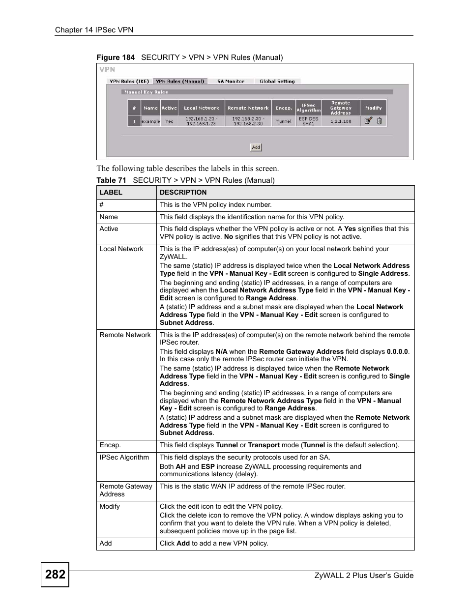 Figure 184 security > vpn > vpn rules (manual), Table 71 security > vpn > vpn rules (manual) | ZyXEL Communications ZyWALL 2 Plus User Manual | Page 282 / 686