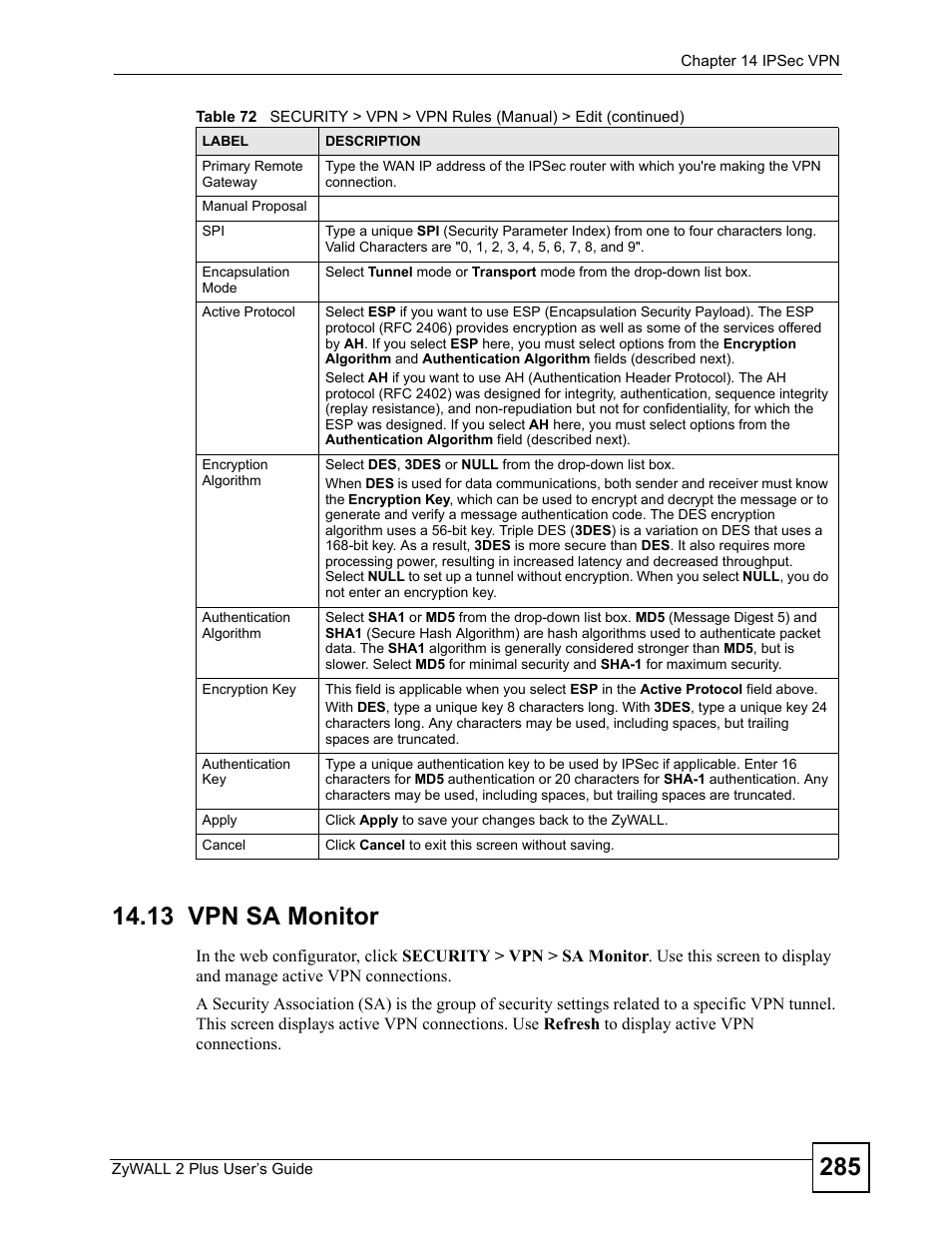 13 vpn sa monitor | ZyXEL Communications ZyWALL 2 Plus User Manual | Page 285 / 686