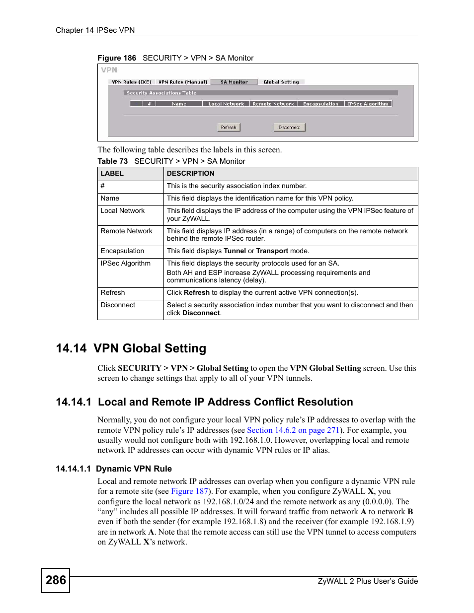 14 vpn global setting, 1 local and remote ip address conflict resolution, Figure 186 security > vpn > sa monitor | Table 73 security > vpn > sa monitor | ZyXEL Communications ZyWALL 2 Plus User Manual | Page 286 / 686