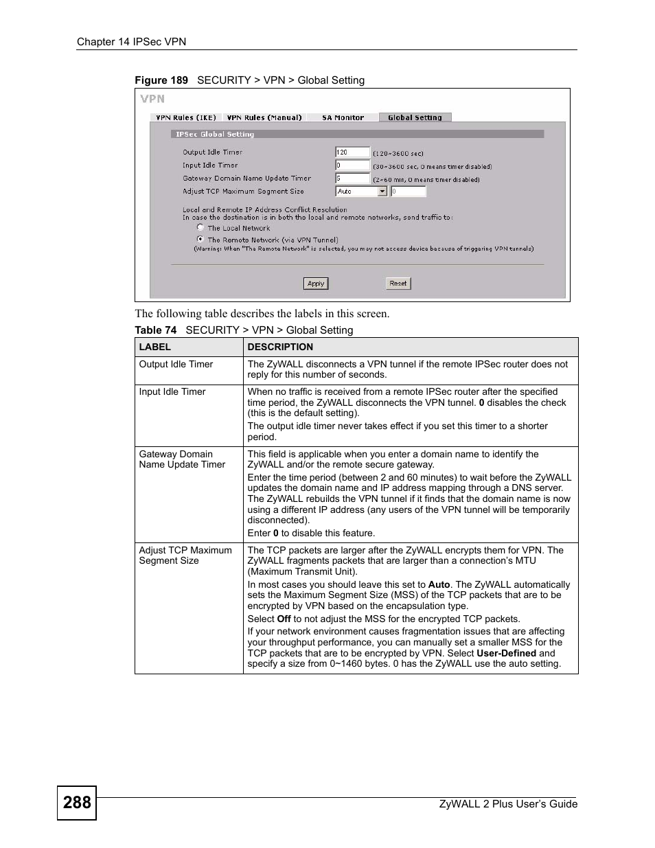 Figure 189 security > vpn > global setting, Table 74 security > vpn > global setting | ZyXEL Communications ZyWALL 2 Plus User Manual | Page 288 / 686