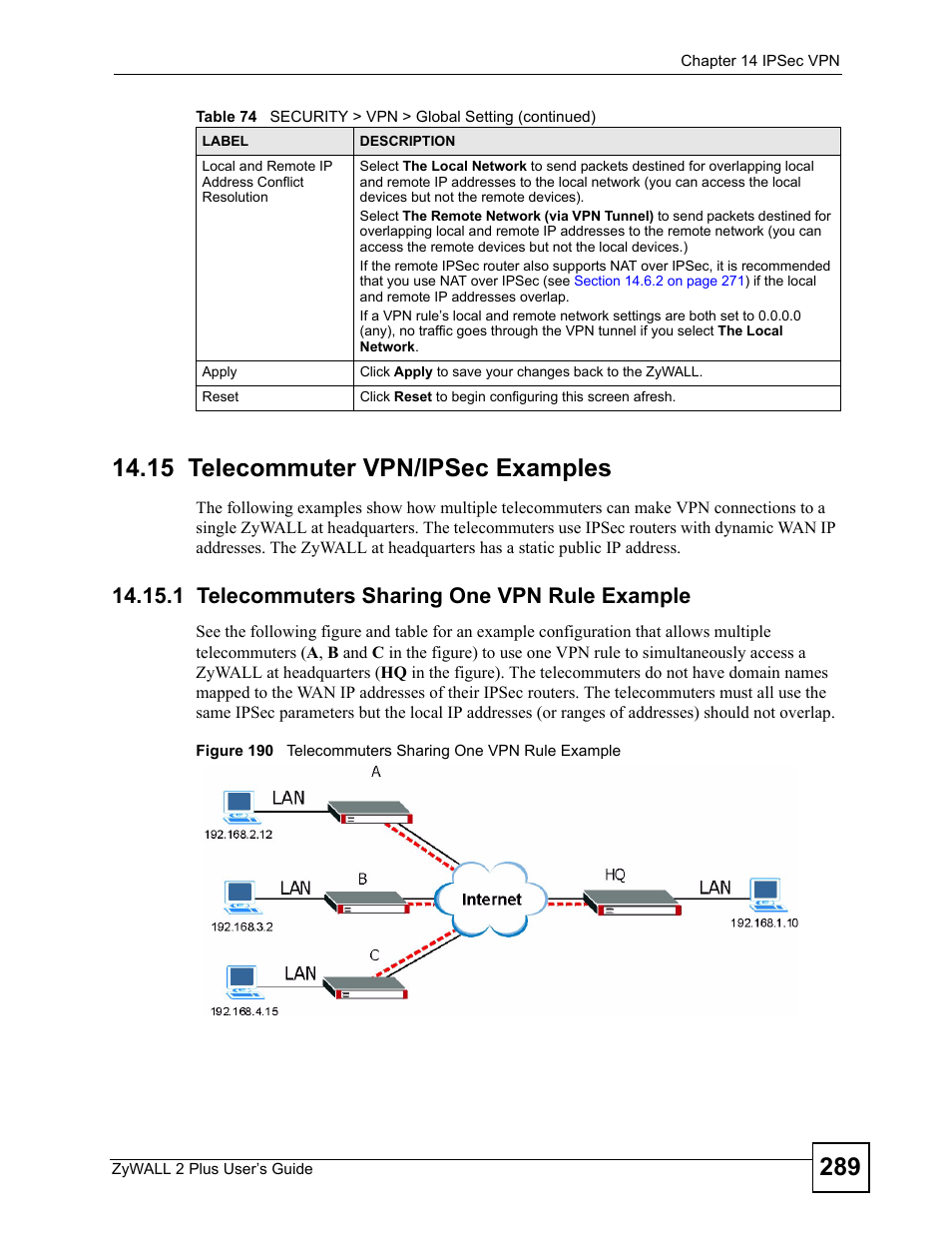 15 telecommuter vpn/ipsec examples, 1 telecommuters sharing one vpn rule example, For an example | ZyXEL Communications ZyWALL 2 Plus User Manual | Page 289 / 686