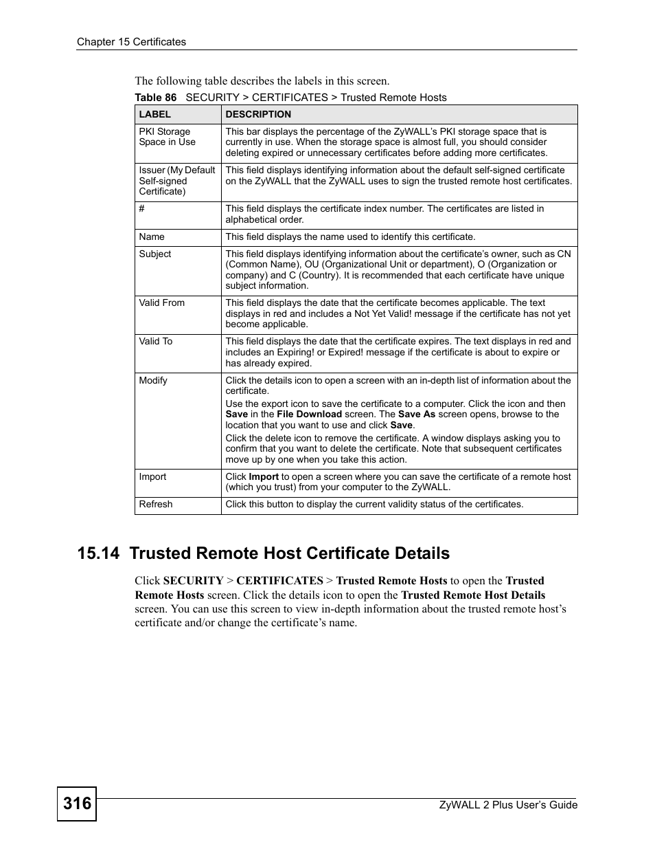 14 trusted remote host certificate details | ZyXEL Communications ZyWALL 2 Plus User Manual | Page 316 / 686