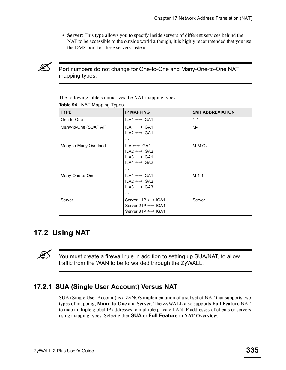 2 using nat, 1 sua (single user account) versus nat, Table 94 nat mapping types | ZyXEL Communications ZyWALL 2 Plus User Manual | Page 335 / 686