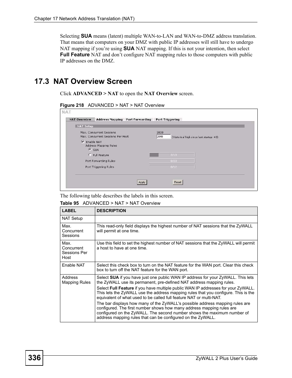 3 nat overview screen, Figure 218 advanced > nat > nat overview, Table 95 advanced > nat > nat overview | ZyXEL Communications ZyWALL 2 Plus User Manual | Page 336 / 686