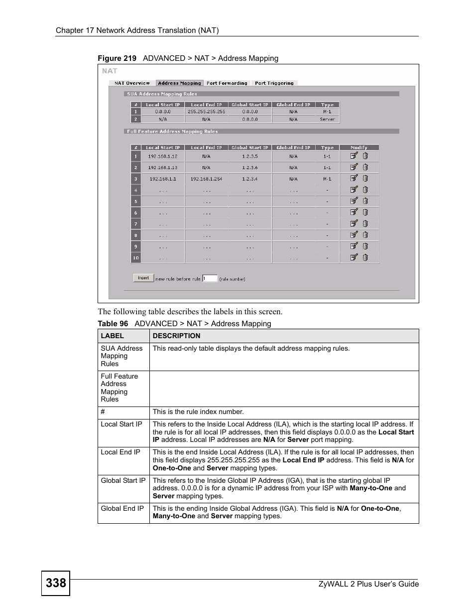 Figure 219 advanced > nat > address mapping, Table 96 advanced > nat > address mapping | ZyXEL Communications ZyWALL 2 Plus User Manual | Page 338 / 686