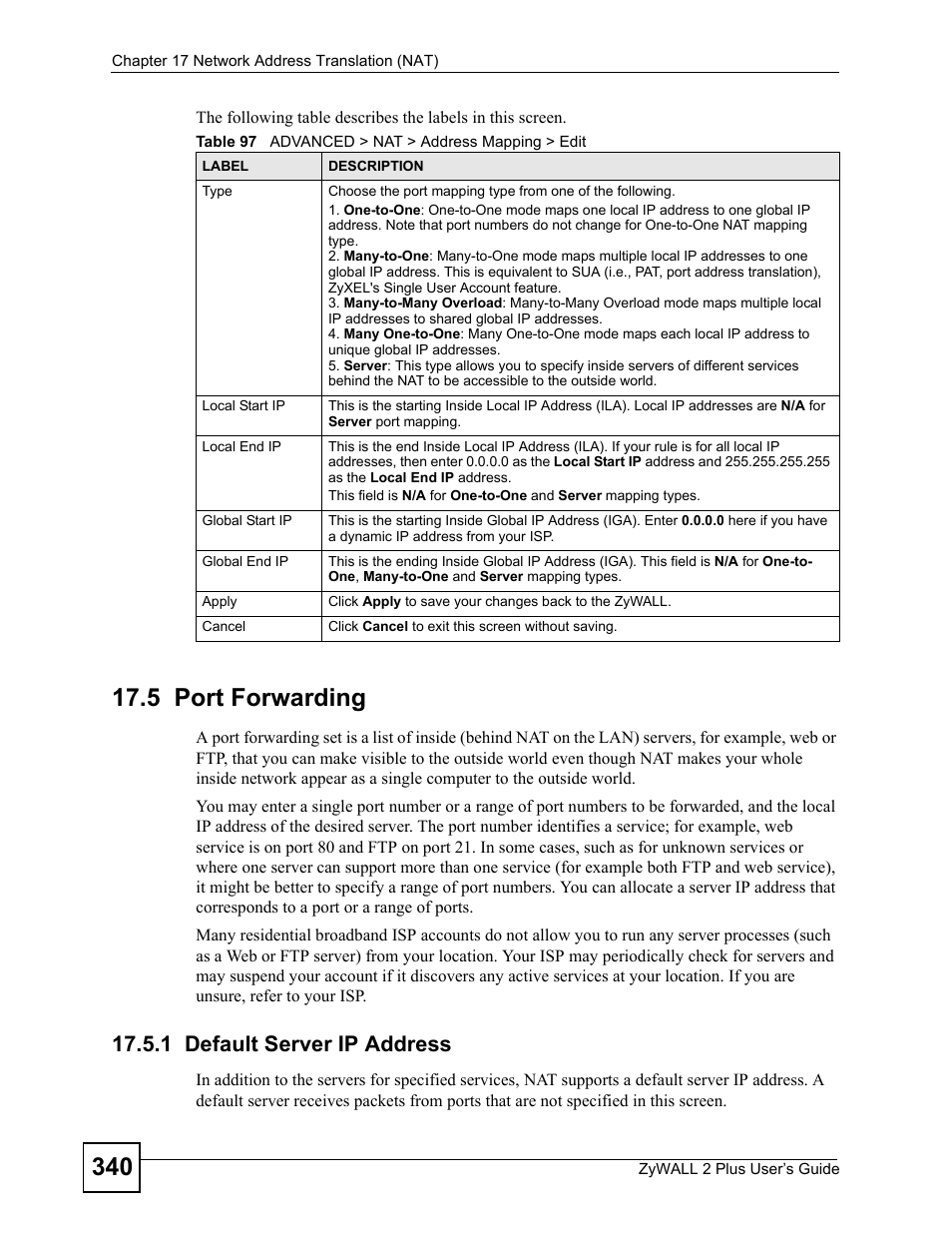 5 port forwarding, 1 default server ip address, Table 97 advanced > nat > address mapping > edit | ZyXEL Communications ZyWALL 2 Plus User Manual | Page 340 / 686