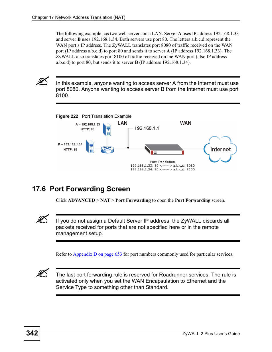 6 port forwarding screen, Figure 222 port translation example | ZyXEL Communications ZyWALL 2 Plus User Manual | Page 342 / 686