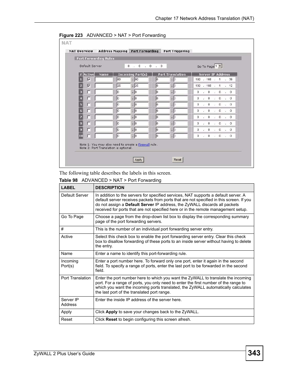 Figure 223 advanced > nat > port forwarding, Table 98 advanced > nat > port forwarding | ZyXEL Communications ZyWALL 2 Plus User Manual | Page 343 / 686