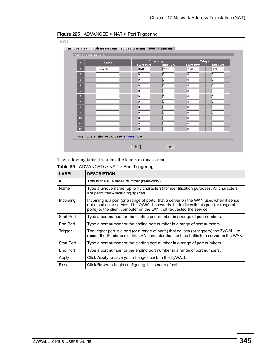 Figure 225 advanced > nat > port triggering, Table 99 advanced > nat > port triggering | ZyXEL Communications ZyWALL 2 Plus User Manual | Page 345 / 686