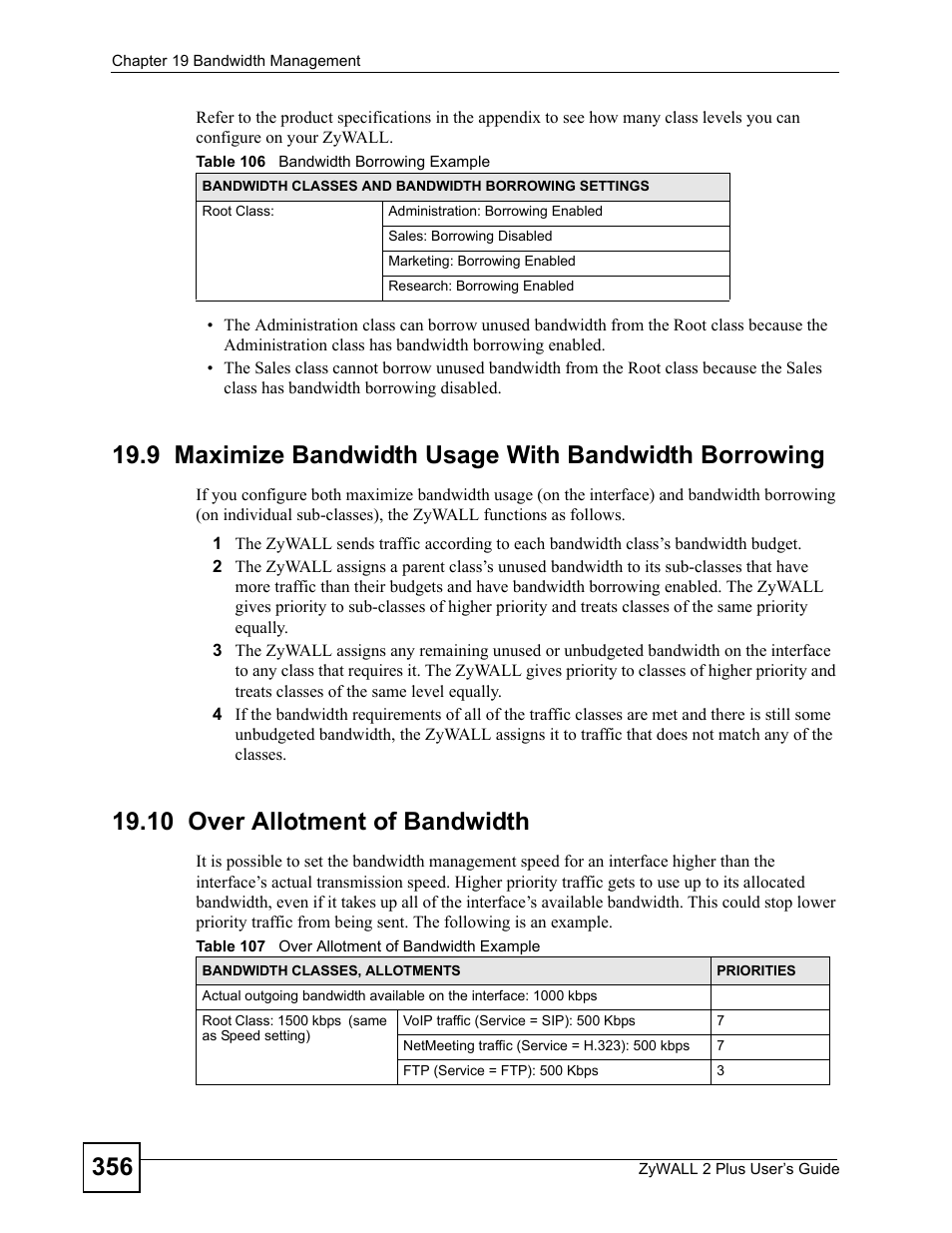 10 over allotment of bandwidth | ZyXEL Communications ZyWALL 2 Plus User Manual | Page 356 / 686