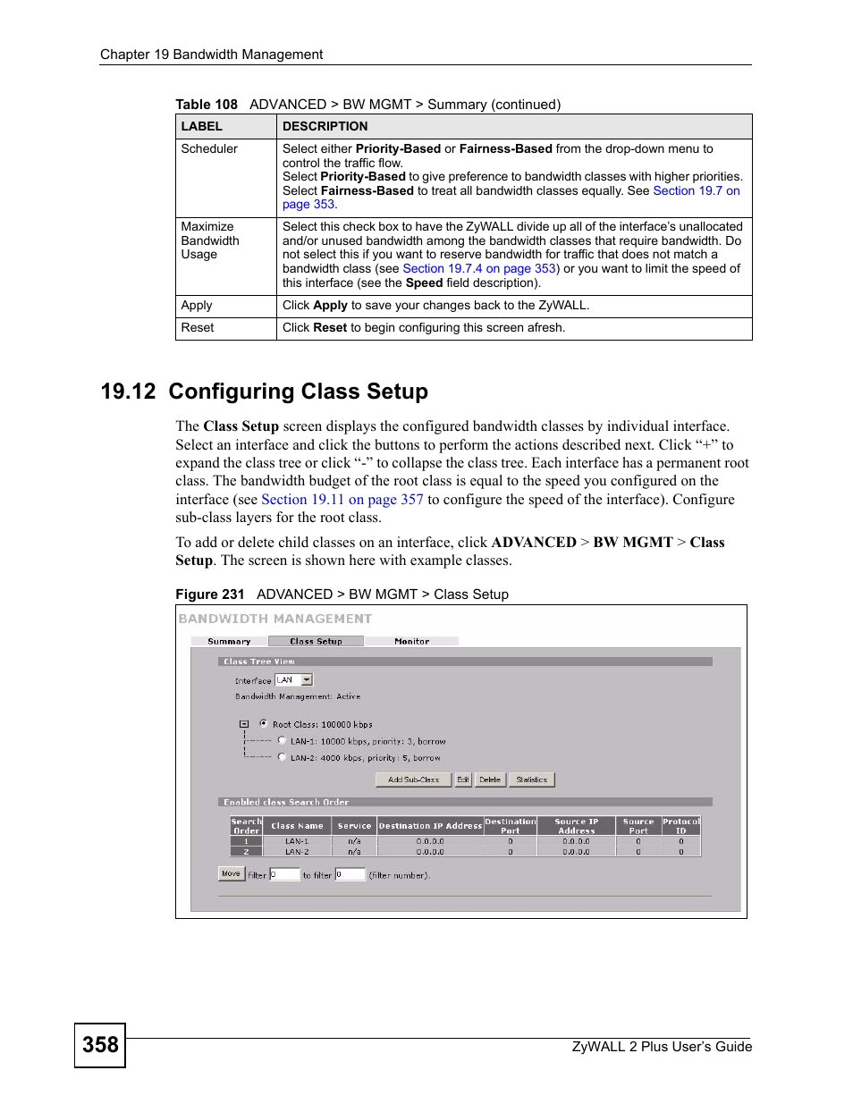 12 configuring class setup, Figure 231 advanced > bw mgmt > class setup | ZyXEL Communications ZyWALL 2 Plus User Manual | Page 358 / 686