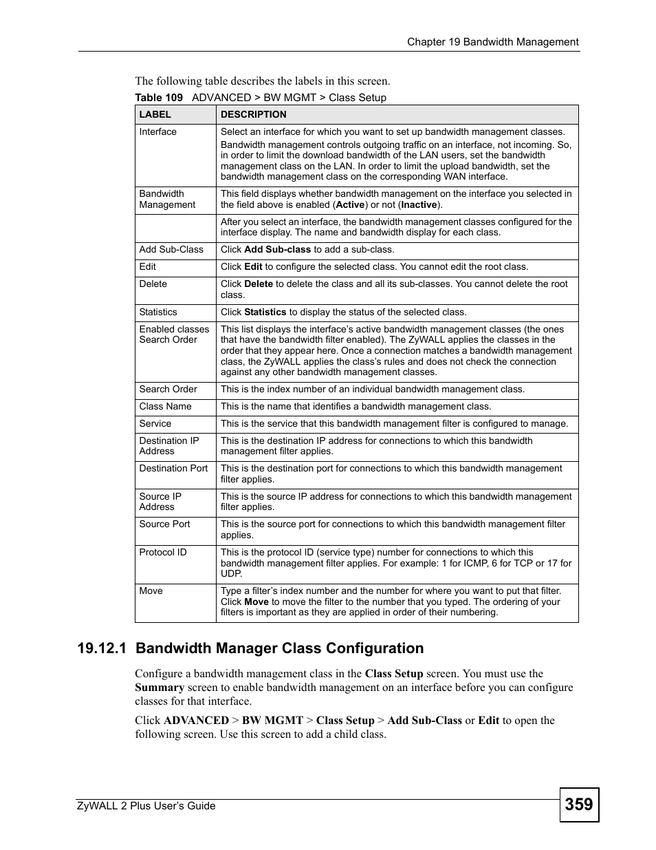 1 bandwidth manager class configuration, Table 109 advanced > bw mgmt > class setup, Section 19.12.1 | To set up a bandwidth class | ZyXEL Communications ZyWALL 2 Plus User Manual | Page 359 / 686