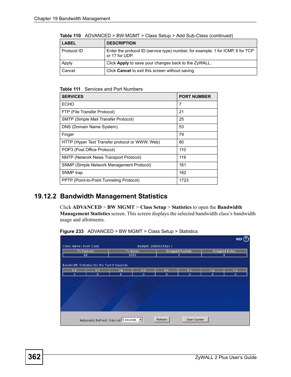 2 bandwidth management statistics, Table 111 services and port numbers | ZyXEL Communications ZyWALL 2 Plus User Manual | Page 362 / 686