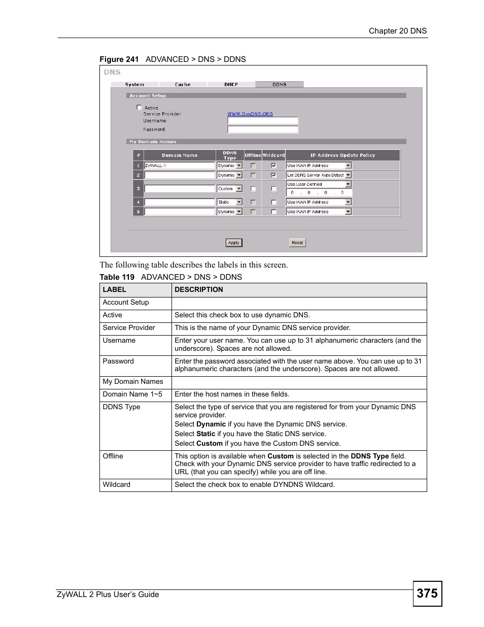 Figure 241 advanced > dns > ddns, Table 119 advanced > dns > ddns | ZyXEL Communications ZyWALL 2 Plus User Manual | Page 375 / 686