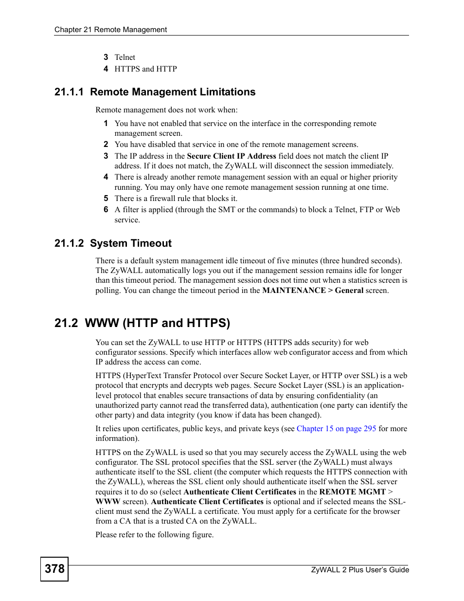 1 remote management limitations, 2 system timeout, 2 www (http and https) | ZyXEL Communications ZyWALL 2 Plus User Manual | Page 378 / 686