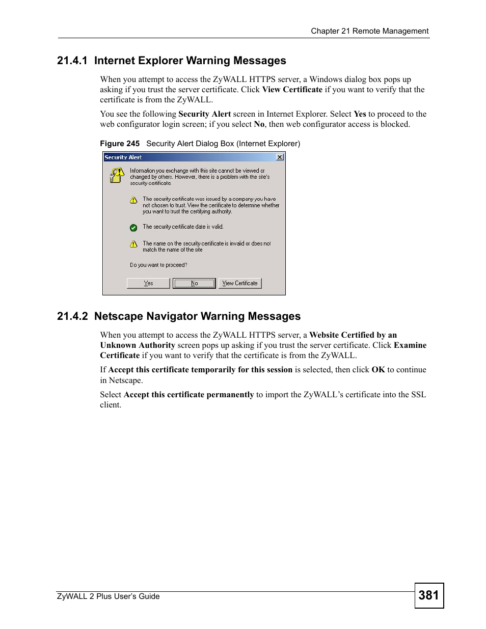 1 internet explorer warning messages, 2 netscape navigator warning messages | ZyXEL Communications ZyWALL 2 Plus User Manual | Page 381 / 686