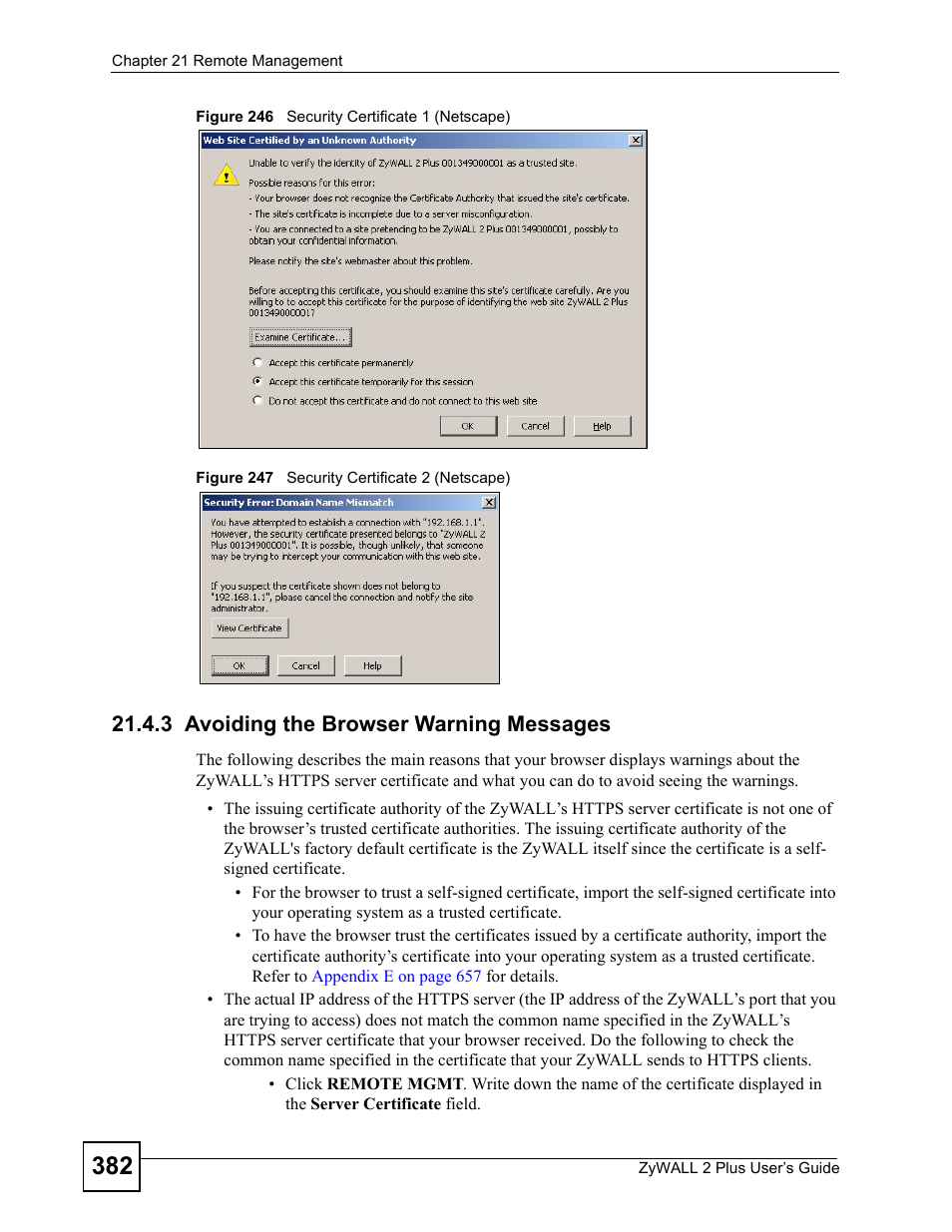 3 avoiding the browser warning messages | ZyXEL Communications ZyWALL 2 Plus User Manual | Page 382 / 686