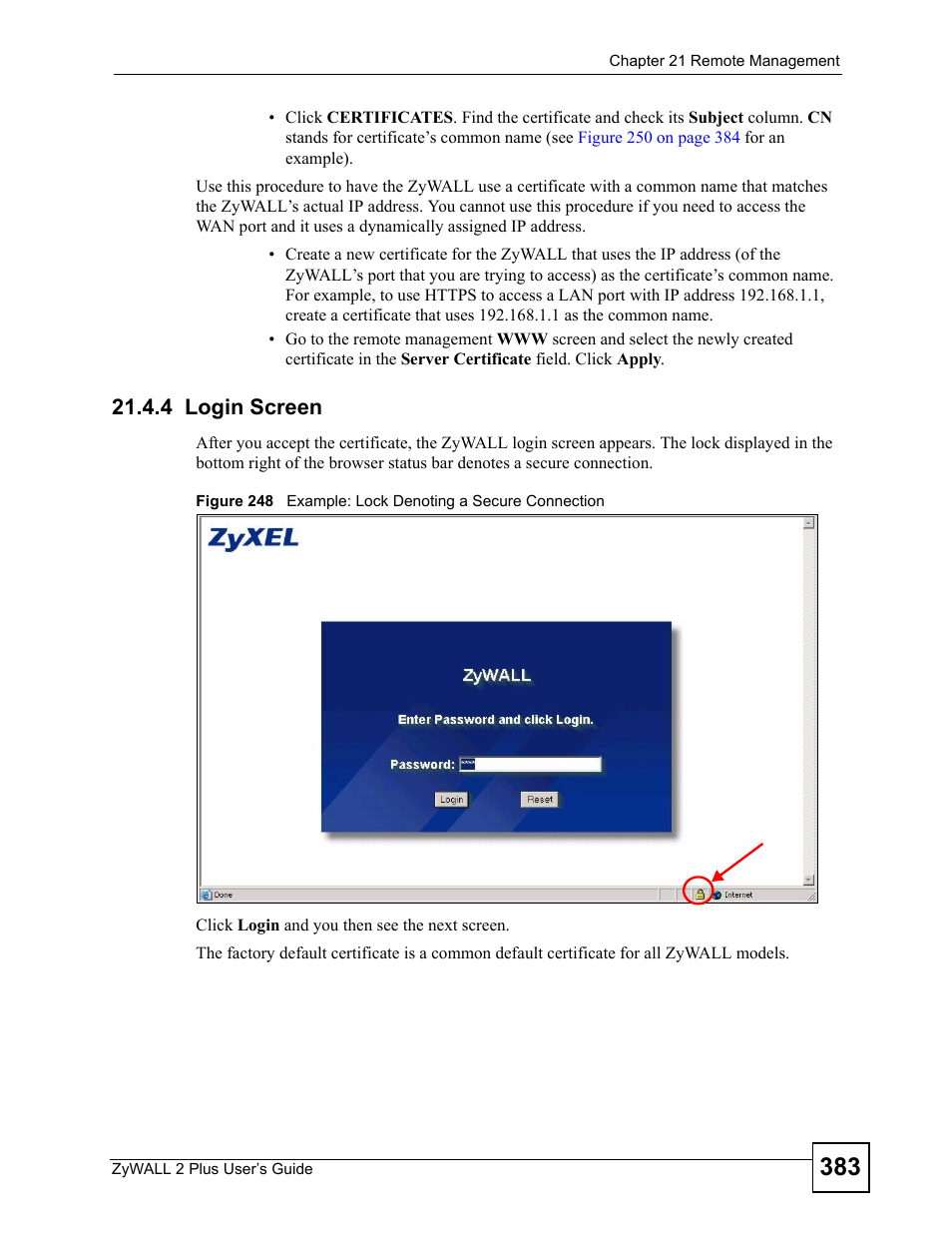 4 login screen | ZyXEL Communications ZyWALL 2 Plus User Manual | Page 383 / 686
