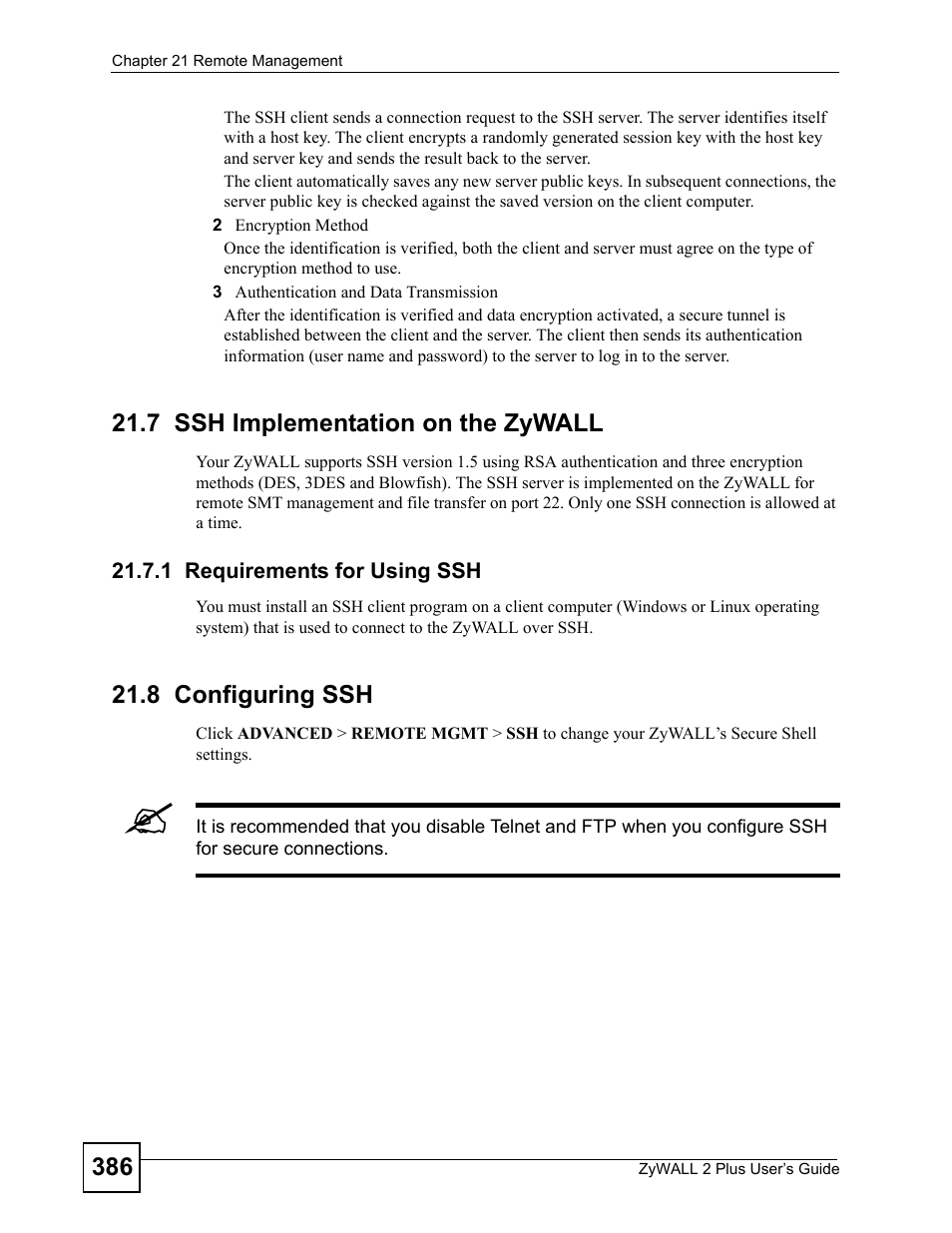 7 ssh implementation on the zywall, 1 requirements for using ssh, 8 configuring ssh | ZyXEL Communications ZyWALL 2 Plus User Manual | Page 386 / 686