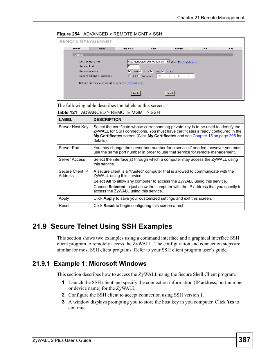 9 secure telnet using ssh examples, 1 example 1: microsoft windows, Figure 254 advanced > remote mgmt > ssh | Table 121 advanced > remote mgmt > ssh | ZyXEL Communications ZyWALL 2 Plus User Manual | Page 387 / 686