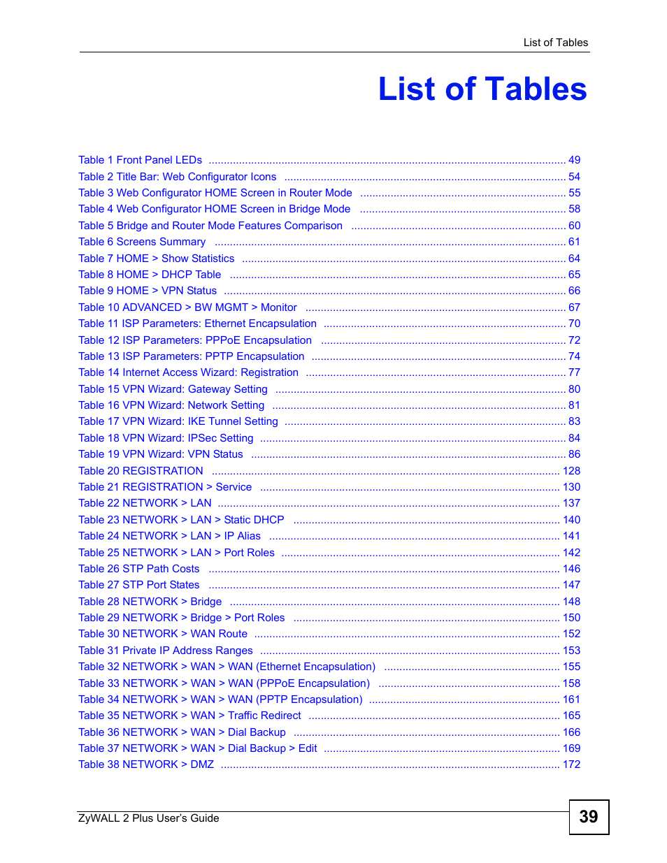 List of tables | ZyXEL Communications ZyWALL 2 Plus User Manual | Page 39 / 686