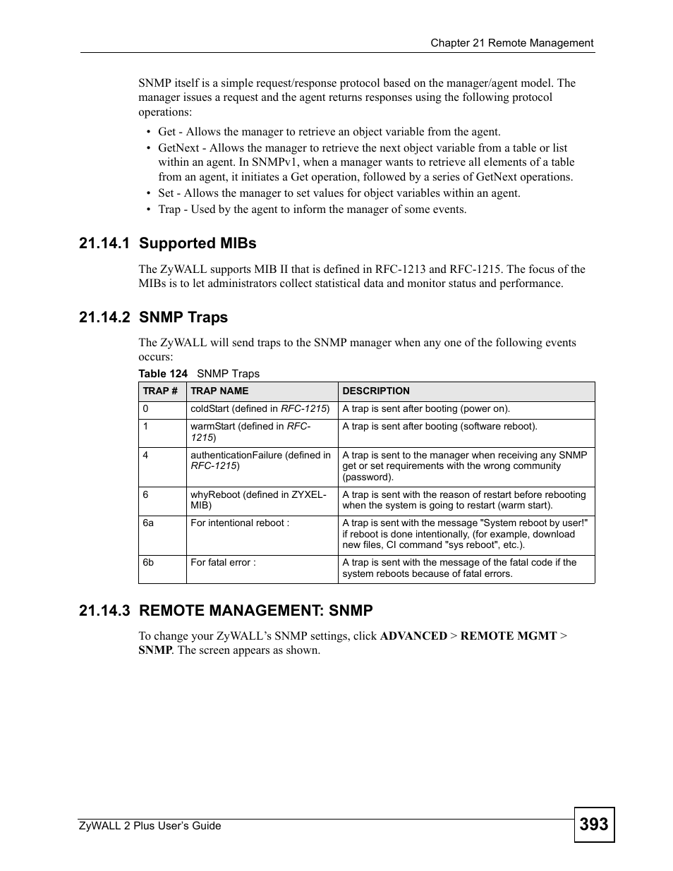 1 supported mibs, 2 snmp traps, 3 remote management: snmp | 2 snmp traps 21.14.3 remote management: snmp, Table 124 snmp traps | ZyXEL Communications ZyWALL 2 Plus User Manual | Page 393 / 686