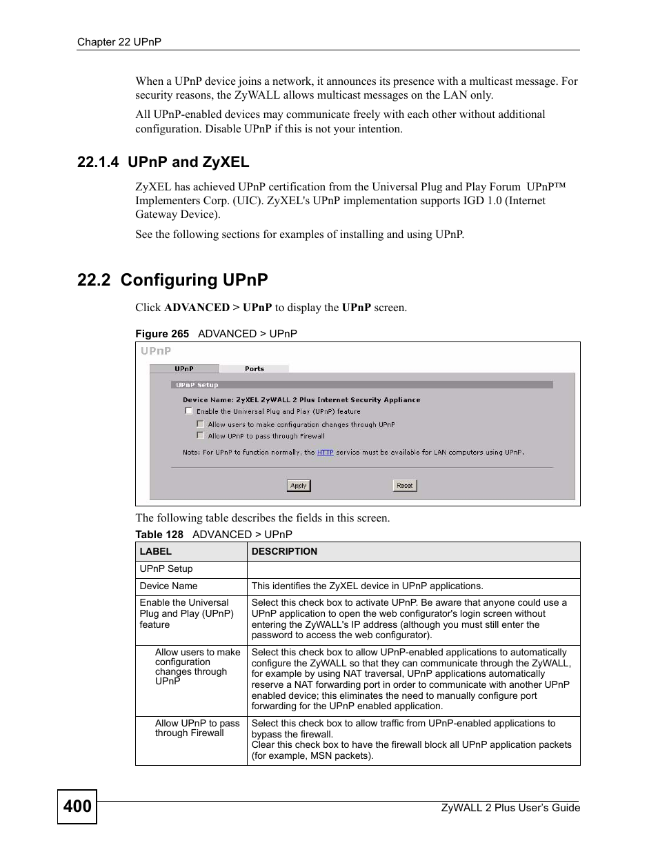 4 upnp and zyxel, 2 configuring upnp, Figure 265 advanced > upnp | Table 128 advanced > upnp | ZyXEL Communications ZyWALL 2 Plus User Manual | Page 400 / 686