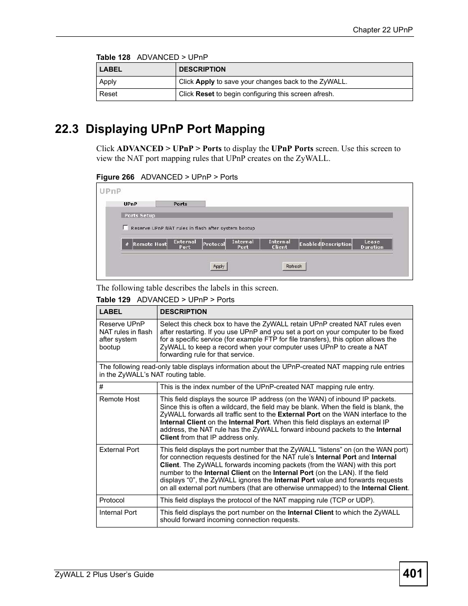 3 displaying upnp port mapping, Figure 266 advanced > upnp > ports, Table 129 advanced > upnp > ports | ZyXEL Communications ZyWALL 2 Plus User Manual | Page 401 / 686