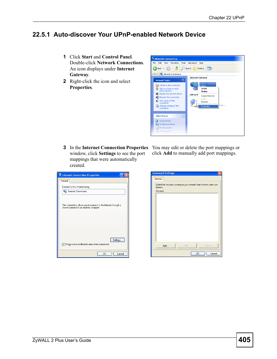 1 auto-discover your upnp-enabled network device | ZyXEL Communications ZyWALL 2 Plus User Manual | Page 405 / 686