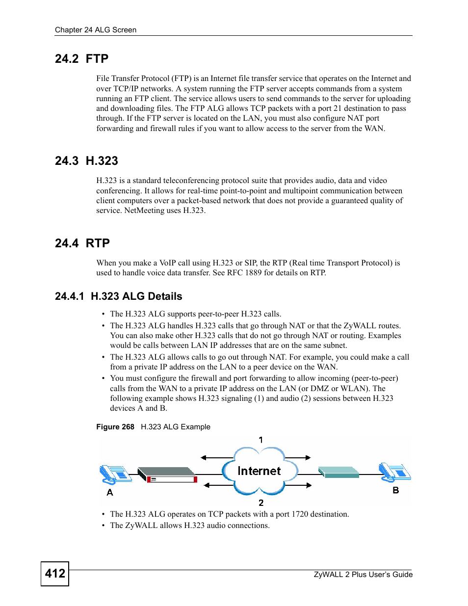 2 ftp, 3 h.323, 4 rtp | 1 h.323 alg details, 2 ftp 24.3 h.323 24.4 rtp, Figure 268 h.323 alg example | ZyXEL Communications ZyWALL 2 Plus User Manual | Page 412 / 686