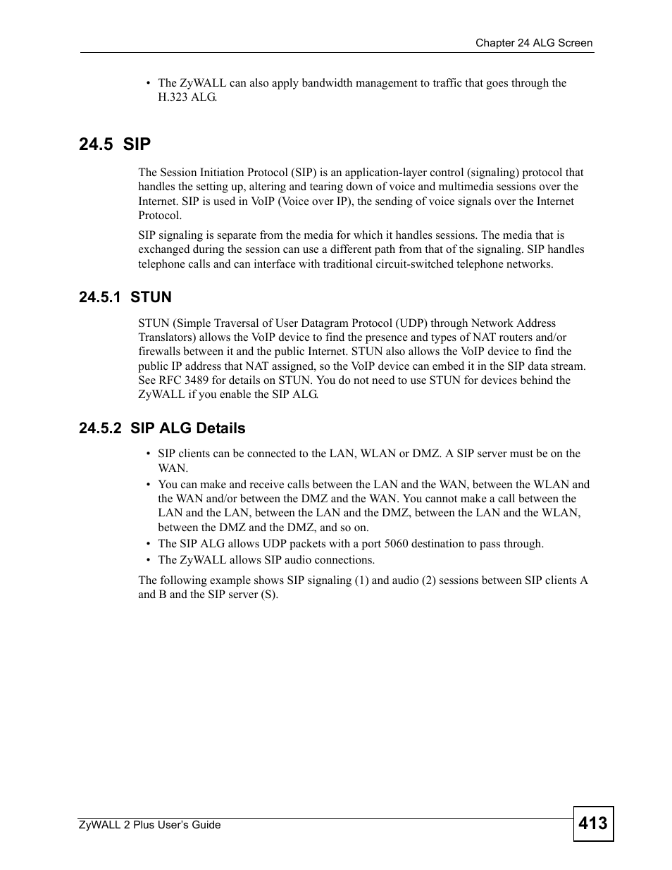 5 sip, 1 stun, 2 sip alg details | 1 stun 24.5.2 sip alg details | ZyXEL Communications ZyWALL 2 Plus User Manual | Page 413 / 686