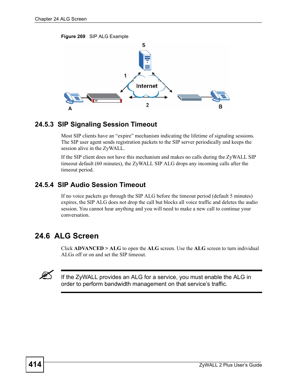 3 sip signaling session timeout, 4 sip audio session timeout, 6 alg screen | Figure 269 sip alg example | ZyXEL Communications ZyWALL 2 Plus User Manual | Page 414 / 686