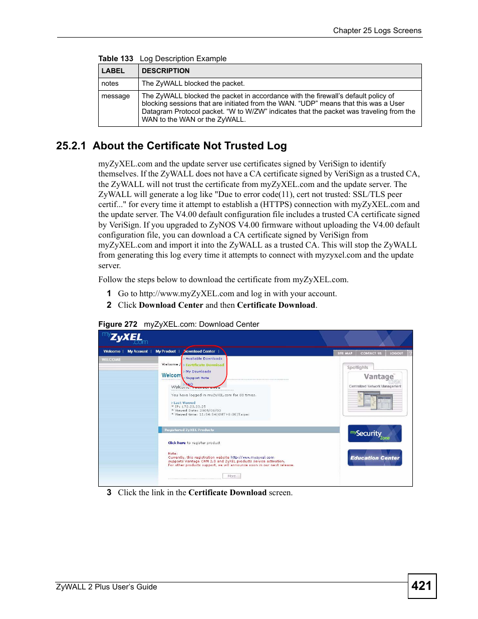 1 about the certificate not trusted log, Figure 272 myzyxel.com: download center | ZyXEL Communications ZyWALL 2 Plus User Manual | Page 421 / 686