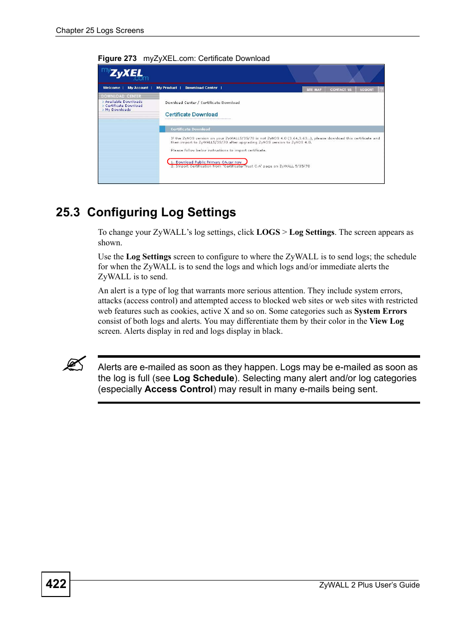 3 configuring log settings, Figure 273 myzyxel.com: certificate download | ZyXEL Communications ZyWALL 2 Plus User Manual | Page 422 / 686