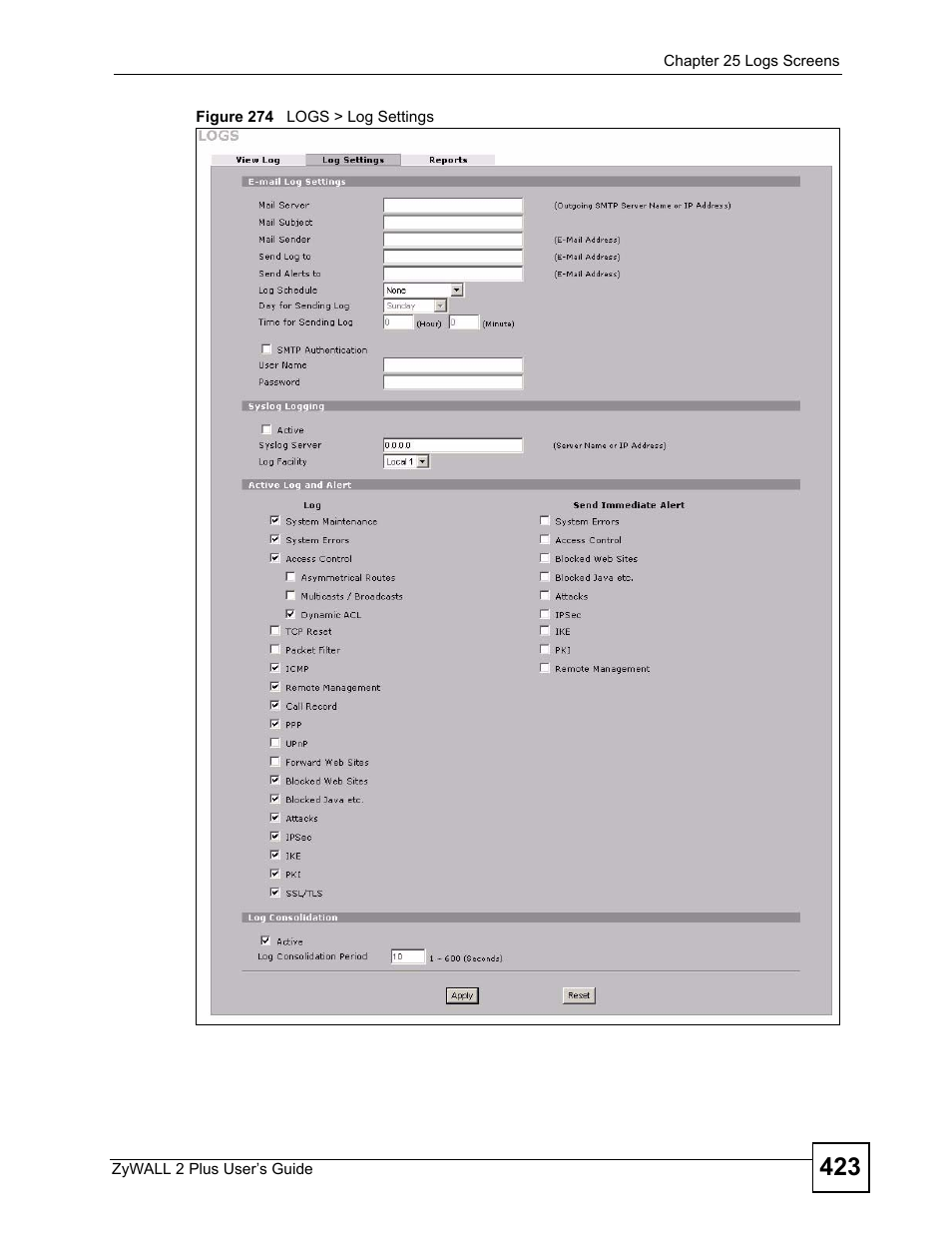 Figure 274 logs > log settings | ZyXEL Communications ZyWALL 2 Plus User Manual | Page 423 / 686